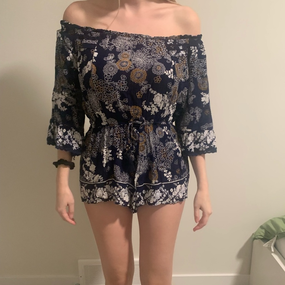 Blue Floral Off The Shoulder Romper